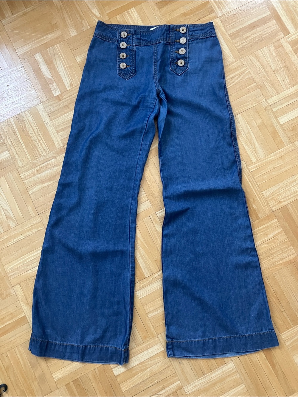 Anthropologie Elevenses Tencel Sailor Wide Leg Jeans Blue Boho Retro Size 2